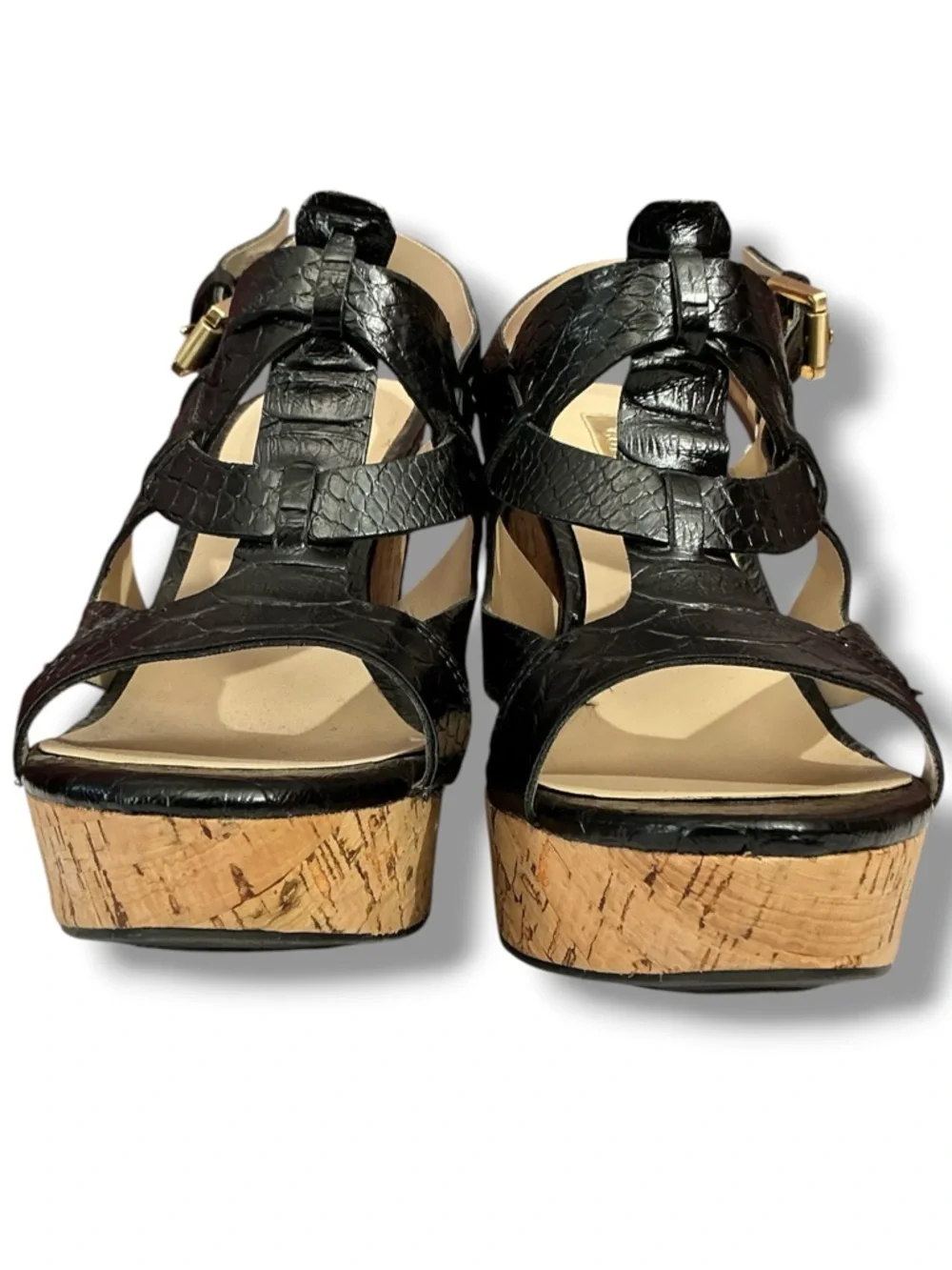 Guess Black Faux-Snakeskin Cork Wedge Sandals
